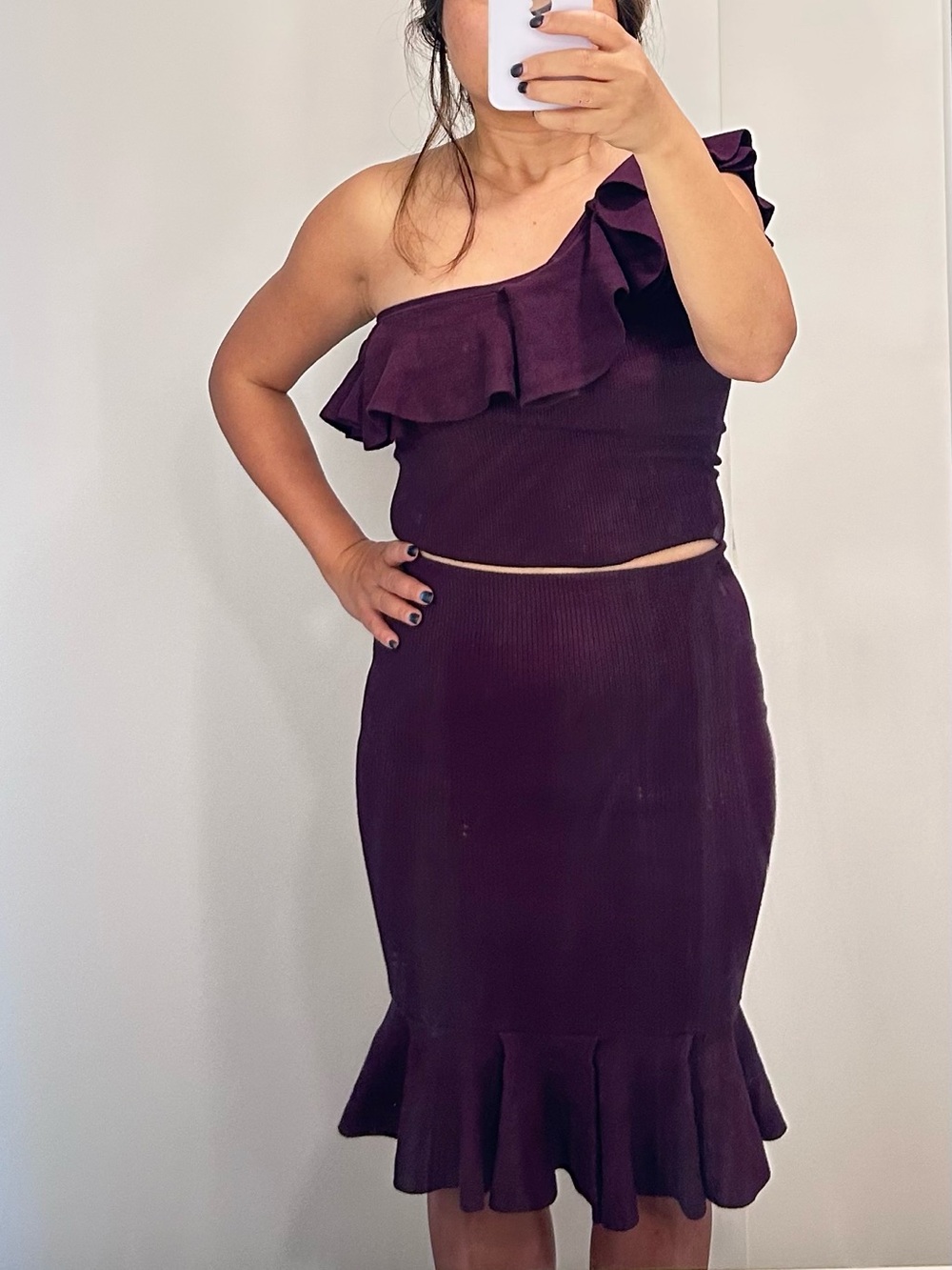 Express One-Shoulder Ruffle Pencil Dress top and dress together - Plum